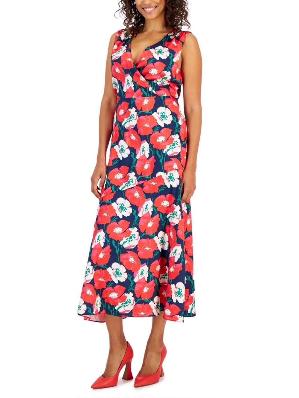 Sam Edelman Red Floral V-Neck Maxi Dress on Navy